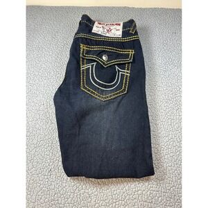 True Religion Bobby Super T Straight Leg Jeans Dark Wash Yellow Stitch Mens34x31